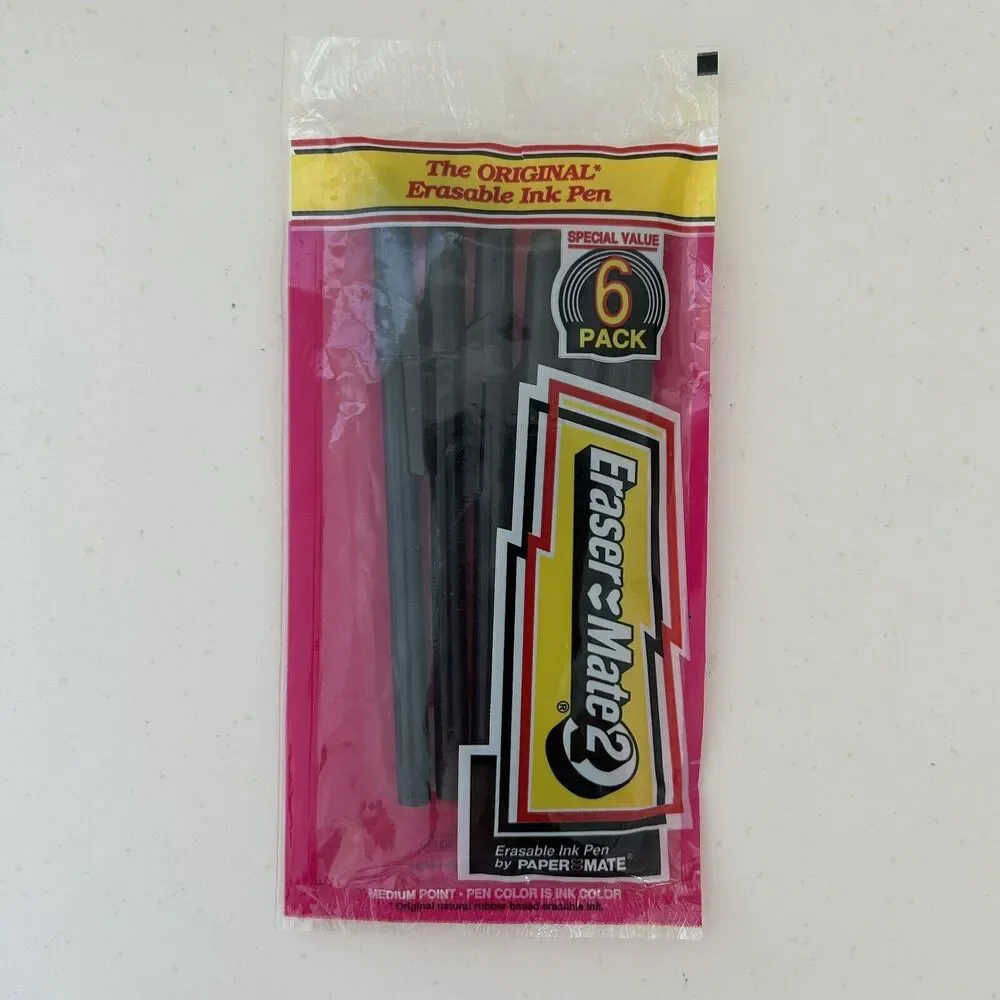 Paper Mate Pens Eraser 2 Gillette Black Ink Med Point 6 Pack Sealed 90s Vtg NOS